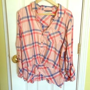 Pullover collared shirt in pink and peach plaid